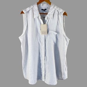 NYDJ NWT “Linen Dreams" 100% Linen Sleeveless Cream & Grey Striped Shirt Large